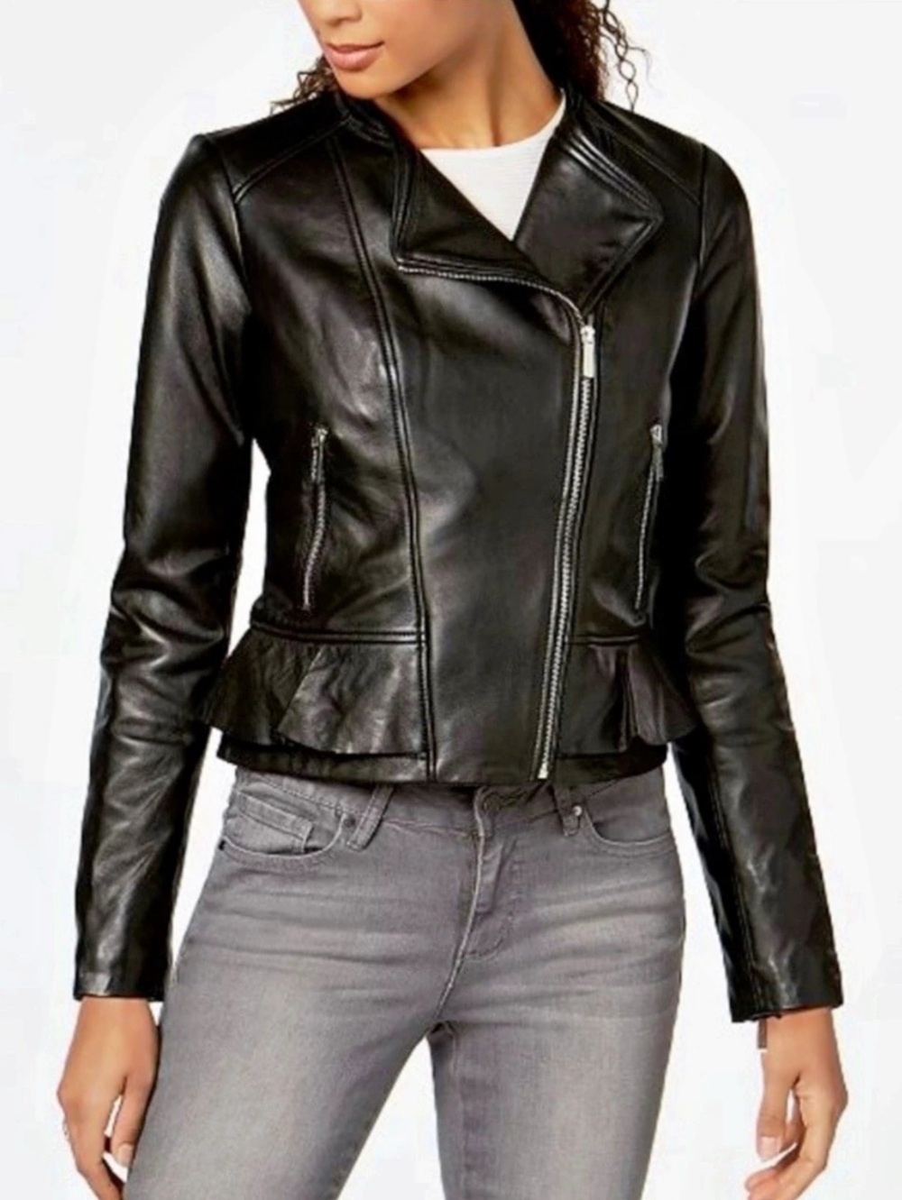 Michael Kors Ruffle Hem Leather Moto Jacket Black